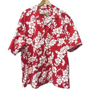 Vintage Hawaiian Men’s Button Up Shirt Red White Hibiscus Floral Print Size 3XL